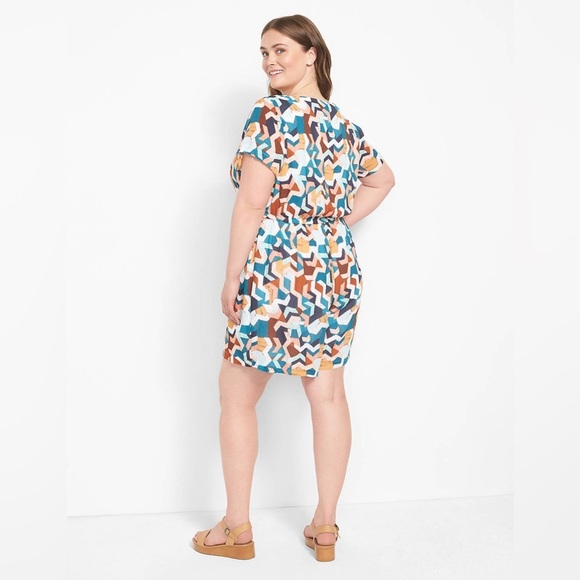 Lane Bryant Button Front Tie Waist Fully Lined Romper Geometric Print Peach Teal - Picture 2 of 9